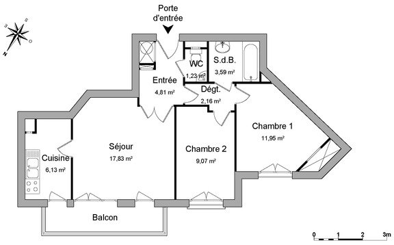 Appartement a louer  - 3 pièce(s) - 56.8 m2 - Surfyn