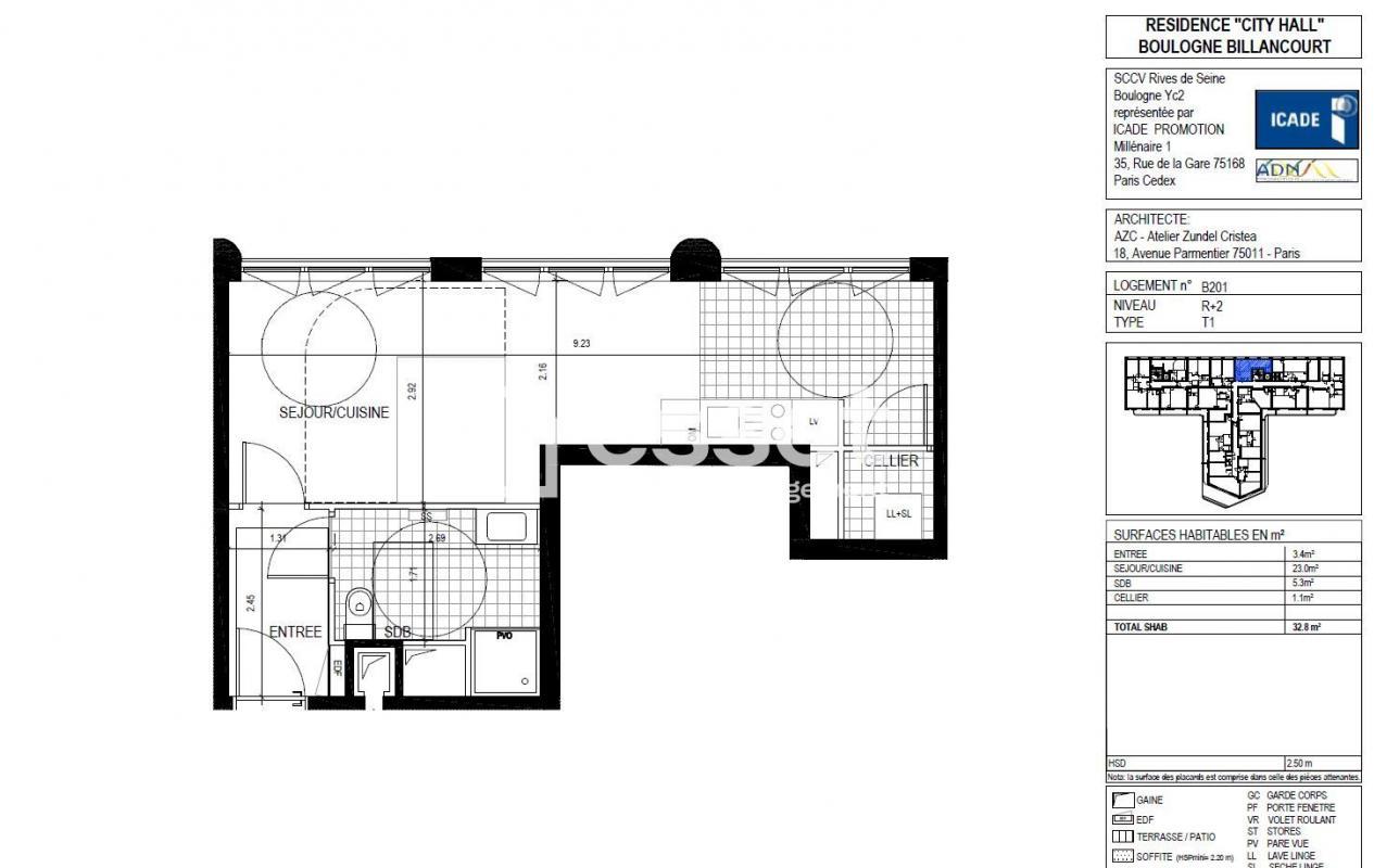 Appartement a louer  - 1 pièce(s) - 32.8 m2 - Surfyn