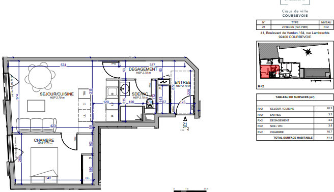 Appartement a vendre  - 2 pièce(s) - 41.4 m2 - Surfyn
