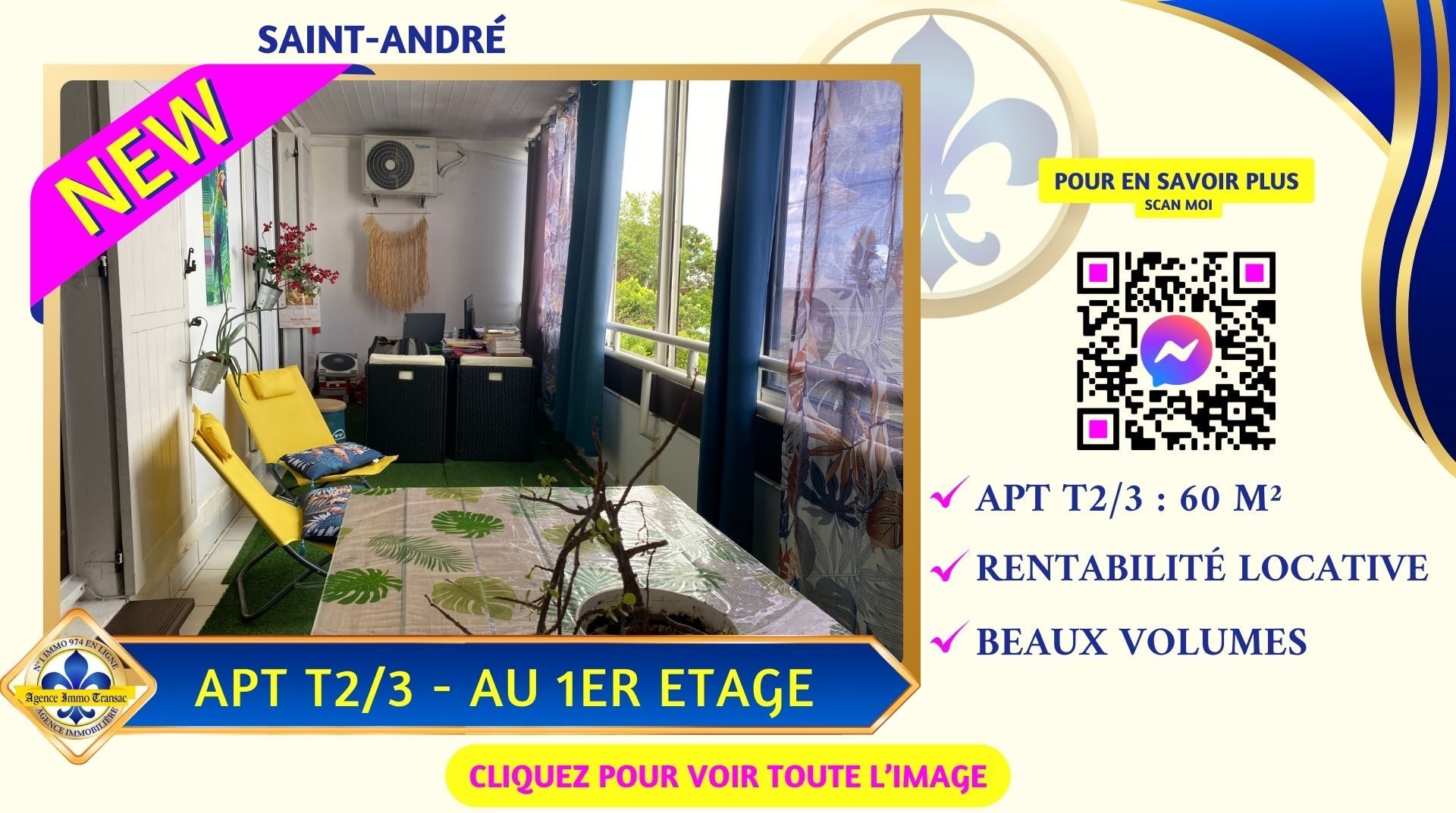 Appartement 2 pièces 61 m² Saint-André