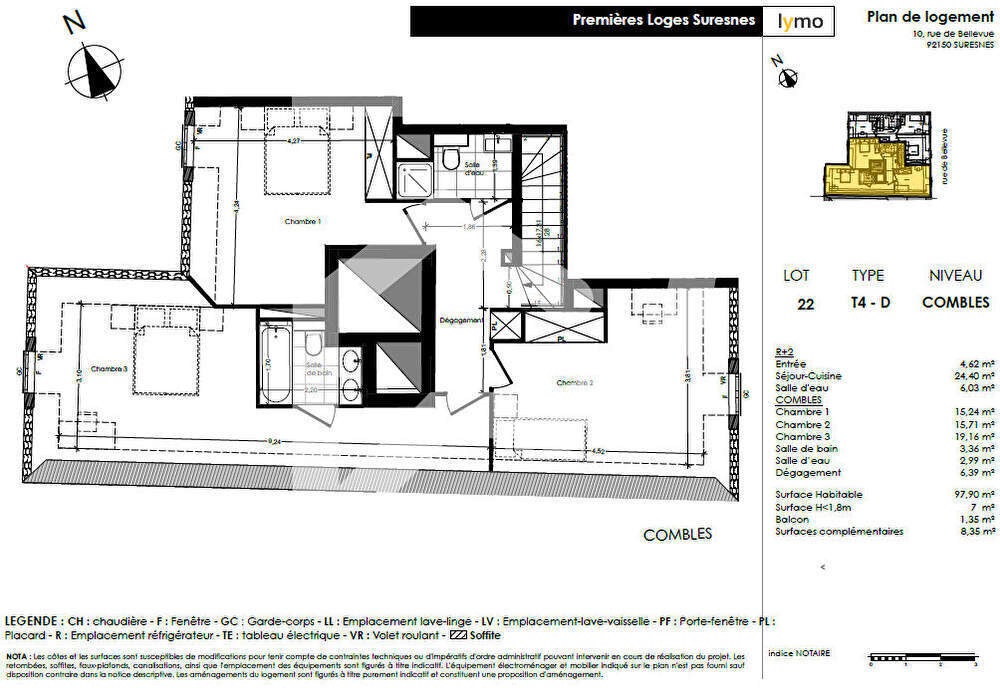 Appartement a louer suresnes - 4 pièce(s) - 97.9 m2 - Surfyn